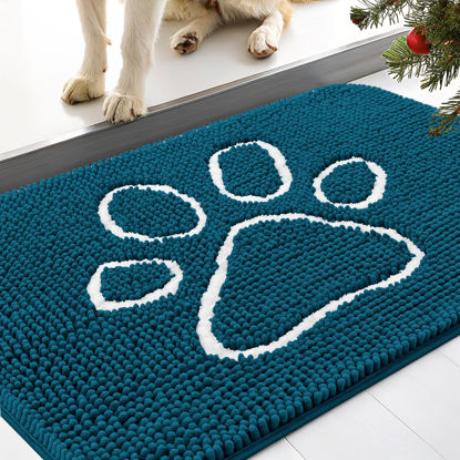 Picture of Smiry Dog Door Mat for Muddy Paws, Absorbent Dirt Trapper Non-Slip Washable Mat, Quick Dry Chenille, Mud Mat for Dogs, Entry Indoor Door Mat for Inside Floor (30x20 Inches, Atlantic Blue)