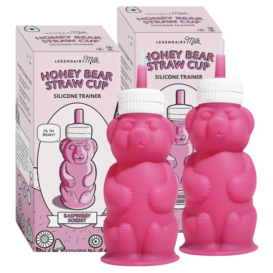 Picture of Legendairy Milk Honey Bear Straw Cup Silicone for Babies (Pink), 8 oz. Dishwasher Safe Baby Straw Cup, Food Grade Silicone, Honeybear Sippy Cup for Ages 4+ Months (Pack of 2)