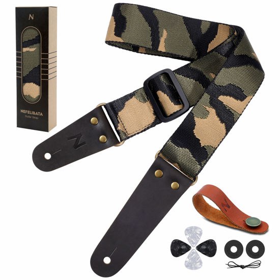 Picture of Nefelibata Guitar Strap Camo with Head Cowhide Leather Ends for Acoustic Guitar Electric Guitar Bass Guitar Straps with Free Lock and Headstock Strap