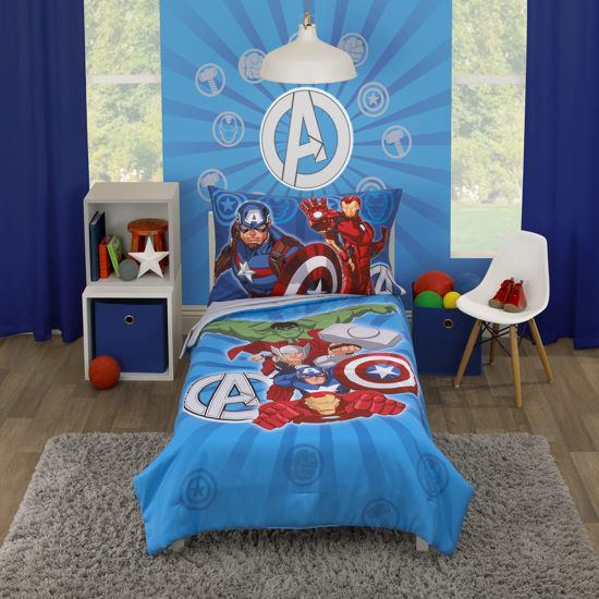 Picture of Marvel Avengers Team Blue, Red, and Green Hulk, Captain America, Iron Man, and Thor 4 Piece Toddler Bed Set - Comforter, Fitted Bottom Sheet, Flat Top Sheet, and Reversible Pillowcase