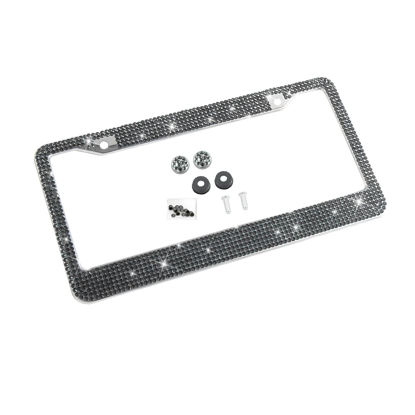 Picture of YALOK Bling Car License Plate Frame, Sparkly Rhinestone Stainless Steel License Plate Cover/Holder, Universal for Most Cars, SUVs, Vehicles with Screw Set, Auto Accessories for Women (Gray/Black)