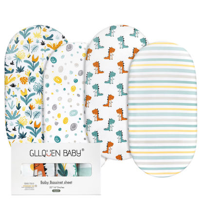 Picture of Gllquen Baby Bassinet Sheets 4 Pack, Breathable Cozy Fitted Mattress Sheet, Elastic Travel Crib Fashionable Floral Pattern, Standard Cradle Safe Sheets for Baby Boy Girls 32"X16"(Dinosaur)
