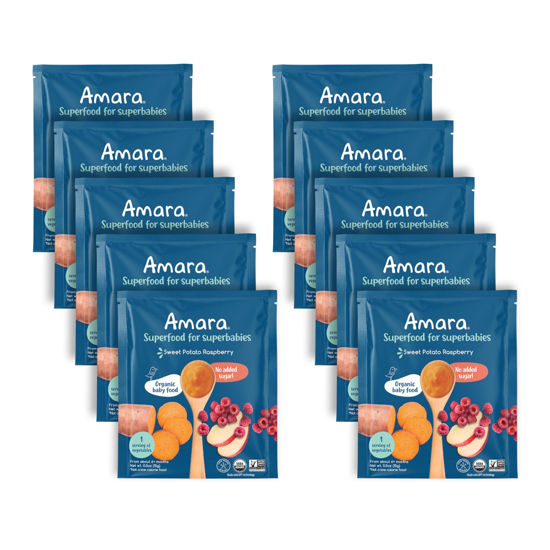Picture of Amara Organic Baby Food - Stage 2 - Sweet Potato Raspberry - Baby Cereal to Mix With Breastmilk, Water - Baby Food Pouches Made from Organic Fruit and Veggies - 10 Pouches, 3.5oz Per Serving