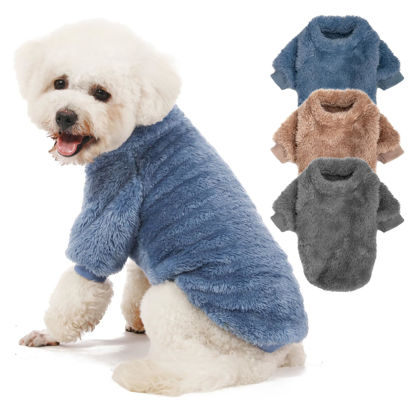 Picture of Kyaringtso Dog Sweater, 3 Pack Dog Sweaters for Small Dogs, Dog Clothes for Small Dogs Girl Boy, Ultra Soft and Warm Puppy Sweater Dog Coat for Winter Christmas (XX-Small, Blue+Lt Coffee+Dark Grey)