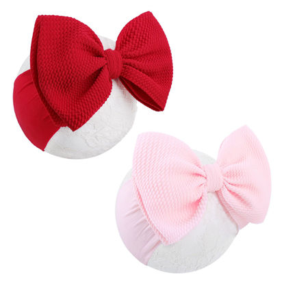 Picture of YanJie Baby Girl Headbands - Nylon Bow Hair Accessories for Newborn Infants, Toddlers (0-6 Months) - Red, Pink