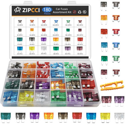 Picture of ZIPCCI Car Fuses Assortment Kit, 180 Pcs Standard & Mini & Low Profile Mini Fuse (1A/2A/3A/5A/7.5A/10A/15A/20A/25A/30A/35A/40AMP) Automotive Blade Fuse for RV, Truck, Marine, Auto Accessories