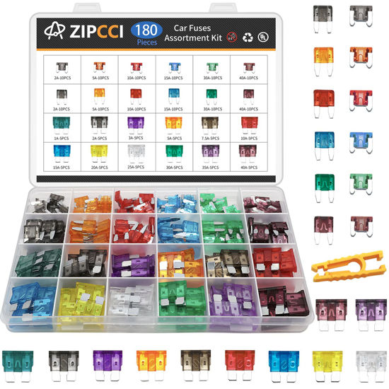 Picture of ZIPCCI Car Fuses Assortment Kit, 180 Pcs Standard & Mini & Low Profile Mini Fuse (1A/2A/3A/5A/7.5A/10A/15A/20A/25A/30A/35A/40AMP) Automotive Blade Fuse for RV, Truck, Marine, Auto Accessories