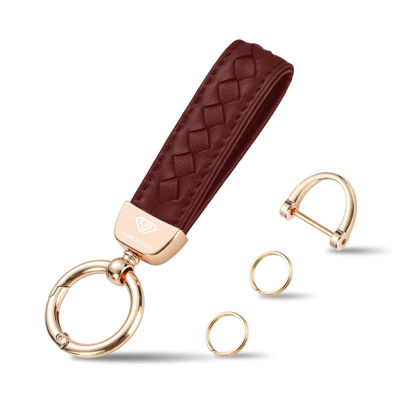 Picture of Genuine Leather Car Keychain, Handmade Knit Sheepskin Key chains for Women, Universal Key Fob Holder with 360 Degree Rotatable, Anti-Lost D-Ring, 2 Keyrings and 1 Screwdriver - Wine Red