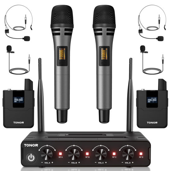 Picture of TONOR Wireless Microphone System, 4 * 10-Channel UHF Cordless Handheld Mic Set with Headset/Lavalier Lapel Mics, Bodypack Transmitter, Receiver, 200ft Range for Karaoke Singing Church DJ PA Speaker