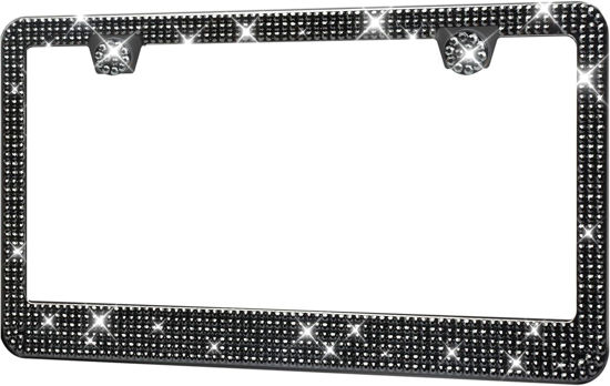 Picture of HOTOR License Plate Frame - Lastingly Bling and Sparkly License Plate Frame for Women, Stainless Steel & Obstruction-Free Frame with Multifaceted Rhinestones,Black, 1 Pack