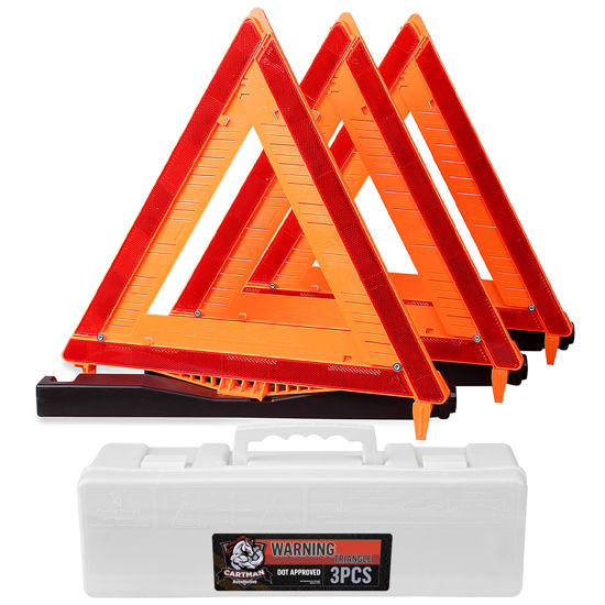 Picture of CARTMAN 3 Pack Warning Triangle DOT Approved, Identical to United States FMVSS 571 125 Reflective Warning Road Safety Triangle Kit with White Case