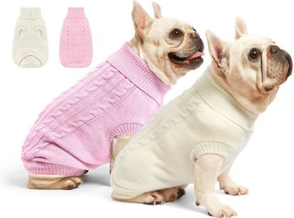 Picture of Roseelk 2 Pack Dog Sweaters for Small Dogs - Puppy Medium Warm Clothes in Winter, Turtleneck Pullover Design for Boy Girl Pet, Doggie, Cat, Kitten Chihuahua Bulldog Pug Beagles (XS, Pink, Beige)