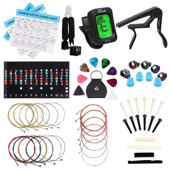 Picture of LOMEVE Guitar Accessories Kit Include Acoustic Guitar Strings, Tuner, Capo, 3-in-1 Restring Tool, Pick Holder, Bridge Pins, Nuts & Saddles, Finger Protector, Finger Picks, Fretboard Stickers (59PCS)