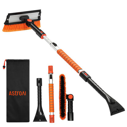 Picture of AstroAI 47.2" Ice Scrapers for Car Windshield, 3 in 1 Sturdy Snow Brush with Squeegee, 10 Adjustable Length Settings, Extendable Aluminum Handle, 180° Pivoting Snow Scraper for Car, Truck, SUV(Orange)