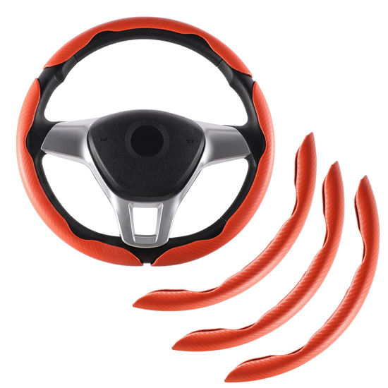 Picture of Amiss 3pcs Car Carbon Fiber Anti-Skid Steering Wheel Cover，Segmented Steering Wheel Protector, Butterfly Steering Wheel Cover, Universal 99% Car Wheel Cover Protector, Car Interior Accessories(Orange)