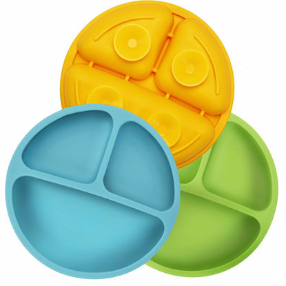 Picture of PandaEar Divided Unbreakable Silicone Baby and Toddler Plates - 3 Pack - Non-Slip - Dishwasher and Microwave Safe - Silicone (Blue Green Yellow)