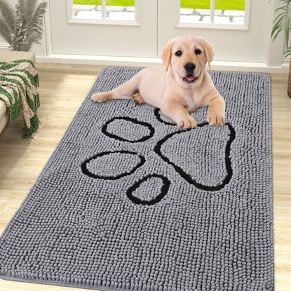 Picture of Smiry Dog Door Mat for Muddy Paws, Absorbent Dirt Trapper Non Slip Quick Dry Washable Chenille Mat for Mud Dogs, Entry Rug for Indoor and Outdoor (40x32 Inches, Grey)