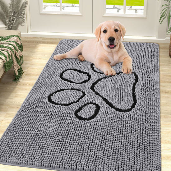 Picture of Smiry Dog Door Mat for Muddy Paws, Absorbent Dirt Trapper Non Slip Quick Dry Washable Chenille Mat for Mud Dogs, Entry Rug for Indoor and Outdoor (40x32 Inches, Grey)