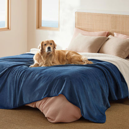 Picture of Bedsure Waterproof Blanket for Bed - Sherpa Fleece Waterproof Dog Blankets for Large Dogs, Pet Blankets for Bed/Couch/Dog Crate, Soft Plush Reversible Furniture Protector, Queen Size, 90"x86", Blue