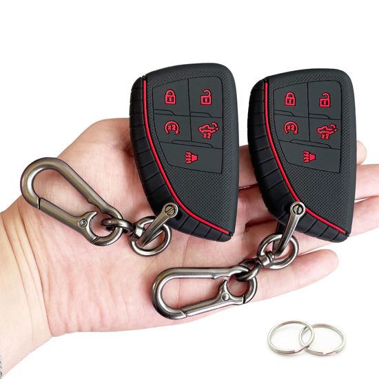 Picture of TANDRIVE Key Fob Cover for 2022 2023 2024 2025 Chevy Silverado 1500 GMC Sierra 1500, 2024 2025 Silverado Sierra 2500HD 3500HD, Silicone, 2-Pack, Red Button, Black