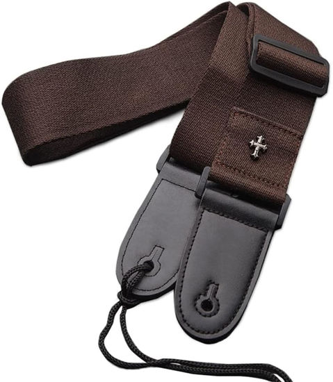Picture of CC CAIHONG Guitar Strap, Bass Guitar Straps Acoustic Electric Woven Simple Leather Ends Adjustable Vintage with Pick Pocket - Brown
