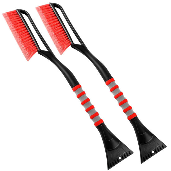 Picture of AstroAI 2 Pack 27" Snow Brush and Ice Scrapers for Car Windshield, Detachable Snow Scrapers with Ergonomic Foam Grip for Cars, Trucks, SUVs (Heavy Duty ABS, PVC Brush, Red)