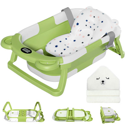 Picture of MoreFeel Collapsible Baby Bathtub for Newborn with Thermometer & 1 Hooded Towel & 1 Soft Floating Cushion,Portable Travel Bathtub with Drain Hole, Durable Foldable Baby Tubs for Infants to Toddler