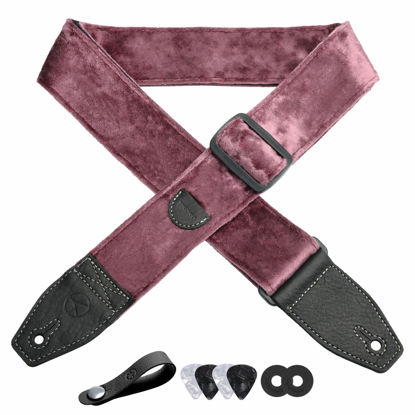 Picture of YIKOKO Guitar Strap 2 inch Velvet Guitar Straps with Full Grain Leather End, for Bass Electric and Acoustic Guitars, Free Strap Button, 2 Strap Locks and 4 Guitar Picks