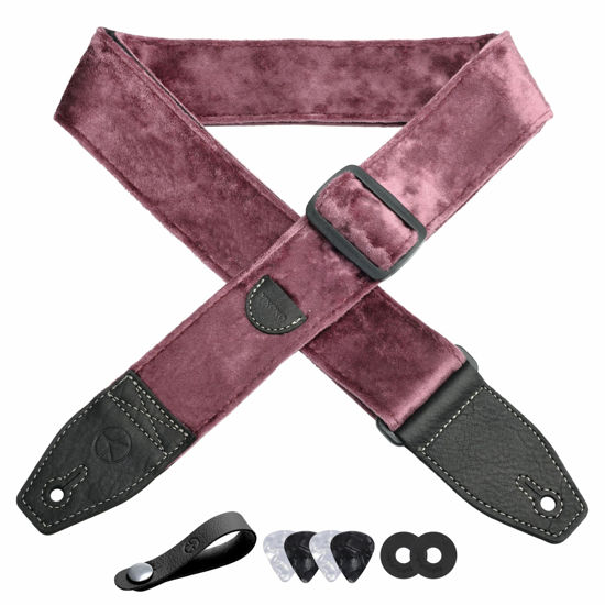 Picture of YIKOKO Guitar Strap 2 inch Velvet Guitar Straps with Full Grain Leather End, for Bass Electric and Acoustic Guitars, Free Strap Button, 2 Strap Locks and 4 Guitar Picks