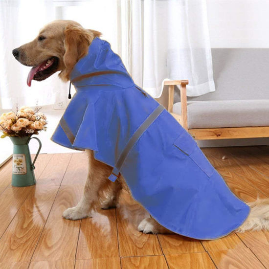 Picture of NACOCO Large Dog Raincoat Adjustable Pet Water Proof Clothes Lightweight Rain Jacket Poncho Hoodies with Strip Reflective (XXXL, Blue)