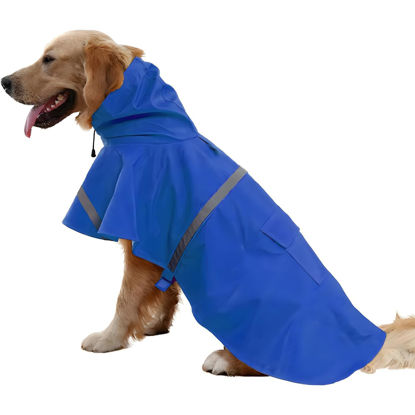 Picture of NACOCO Large Dog Raincoat Adjustable Pet Water Proof Clothes Lightweight Rain Jacket Poncho Hoodies with Strip Reflective (XXL, Blue)