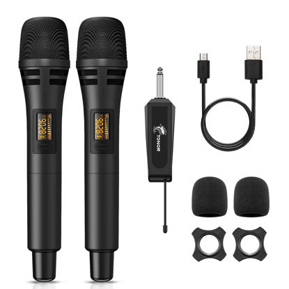 Picture of TONOR Wireless Microphones, UHF Dual Karaoke Microphone System, Microfonos Inalambricos with Rechargeable Receiver, Cordless Dynamic Mic Micro Kit for Singing, Wedding, DJ Party, Speech TW320 Black
