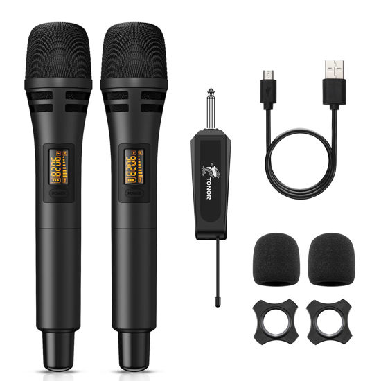Picture of TONOR Wireless Microphones, UHF Dual Karaoke Microphone System, Microfonos Inalambricos with Rechargeable Receiver, Cordless Dynamic Mic Micro Kit for Singing, Wedding, DJ Party, Speech TW320 Black