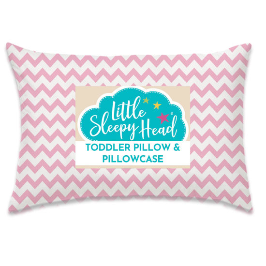 Picture of Little Sleepy Head Toddler Pillow with Pillowcase 13x18 - Kids Pillow for Sleeping - Better Neck Support Ergonomic Pillow and Toddler Pillowcase - Best Pillows for Kids (Chevron Pink)