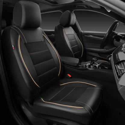 Picture of CAR PASS Universal FIT Piping Leather Two Front Seat Covers, Waterproof Faux Leather for SUV Sedan Van Truck, Airbag Compatible,Reserved Opening Holes for Headrest Covers. (Black and Beige)