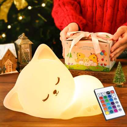 Picture of 【REMOTE + GIFTS PACKAGE】Cat Night Light for Kids, Cute Room Decor for Teen Girls Gifts,16 Color 5 Brightness Dimmable Night Lights,1800mAh Rechargeable Silicone Night Light,Remote+Timer Nursery Lamp