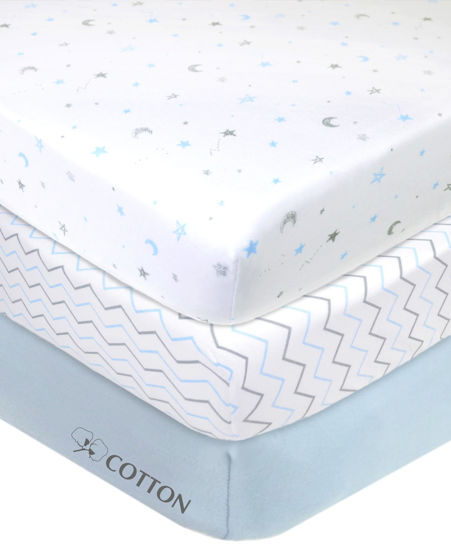 Picture of American Baby Company 3 Pack Fitted Mini Crib Sheet 24" x 38", Soft Breathable Neutral 100% Cotton Jersey Portable Sheet, Blue Star/Zigzag, for Boys and Girls, Fits Most Pack N Play Mattresses