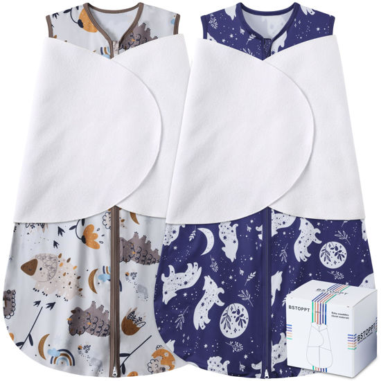 Picture of BSTOPPT Newborn Sleep Sack Baby Swaddle,3-Way Adjustable Wearable Blanket,100% Rayon Cotton Swaddling Sleeping Bag，TOG 0.5 (Fox & Dinosaurs, 6-12 Months)