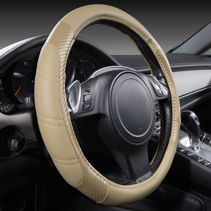 Picture of CAR PASS Line Rider Microfiber Leather Sporty Steering Wheel Cover Universal Fits for 95% Truck,SUV,Cars, Anti-Slip Safety Comfortable Desgin (Beige-Carbon Fiber)