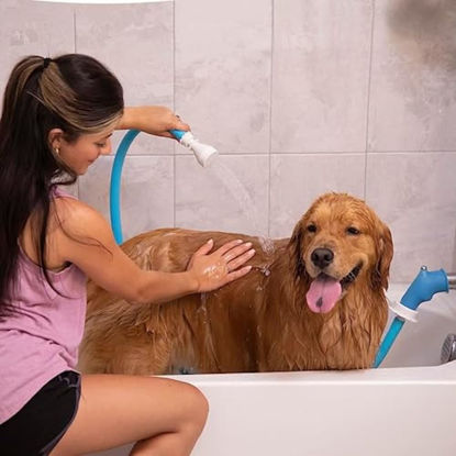 Picture of Rinseroo Slip-On Bathtub Faucet Sprayer Attachment. Ultra-Flex Dog Shower Hose Adapter Portable Hose Attachment with Sprayer Pet Showerhead Attach Tub Spout 5 Foot Hose. No Install for Speedy Washing