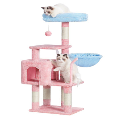 Picture of Heybly Cat Tree with Toy, Cat Tower condo for Indoor Cats, Cat House with Padded Plush Perch, Cozy Hammock and Sisal Scratching Posts, Blue and Pink HCT004SBP