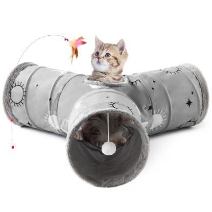 Picture of Tempcore Pet Cat Tunnel Tube Cat Toys 3 Way Collapsible, Cat Tunnels for Indoor Cats Fleece-Lined in for Warmth，Kitty Tunnel Bored Cat Pet Toys Peek Hole Toy Ball Cat, Puppy, Kitten, Rabbit Gray Sun