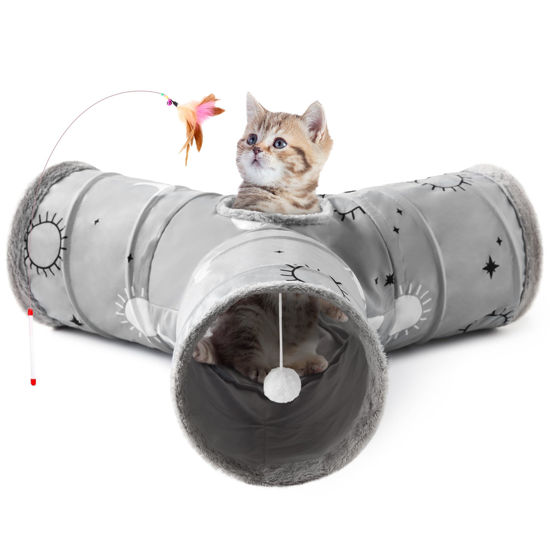 Picture of Tempcore Pet Cat Tunnel Tube Cat Toys 3 Way Collapsible, Cat Tunnels for Indoor Cats Fleece-Lined in for Warmth，Kitty Tunnel Bored Cat Pet Toys Peek Hole Toy Ball Cat, Puppy, Kitten, Rabbit Gray Sun
