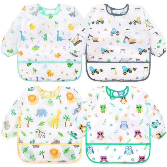 Picture of Accmor 4 Pack Long Sleeve Baby Bibs, Waterproof Sleeved Bib Smock for Baby Toddler 6-24 Months