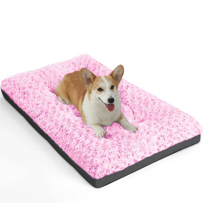 Picture of POCBLUE Deluxe Washable Dog Bed for Medium Dogs Dog Crate Mat 30 inch Comfy Fluffy Kennel Pad Anti-Slip for Dogs Up to 40 lbs, 30" x 19", Pink