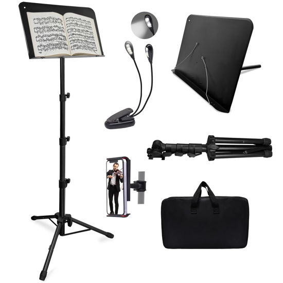 Picture of 70" Sheet Music Stand with Light and Phone Holder, Music Stand for Sheet Music High Stability, Height Adjustable Portable Music Sheet Stand with Carrying Bag(33-70inch,Plate without hole)