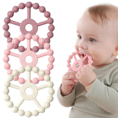 Picture of 3 Pack Ring Teether Baby Infant Toys, Silicone Teething Ring Toys for Babies 0-6 Months, Seposeve Baby Teethers 6-12 Months 12-24 Months, Easy to Grasp Toy, Baby Teething Relief, Purple Pink White