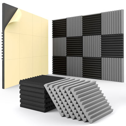 Picture of 12 Pack Acoustic Panels Self-Adhesive,1" X 12" X 12" Quick-Recovery Sound Proof Foam Panels, Acoustic Foam Wedges High Density, Soundproof Wall Panels for Home Studio,Black-Gray-02