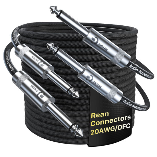 Picture of Guitar Cable 20 ft 2 Pack, Professional Neutrik Rean Connectors, Kevlar-Reinforced Nylon Braided 1/4 Instrument Cable, 20 AWG, OFC, Quarter Inch Electric Guitar Cord, Bass Guitar AMP Cord