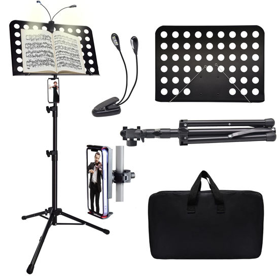 Picture of Sheet Music Stand with Light & Phone Holder, 57" Music Stand for Sheet Music High Stability, Height Adjustable Music Sheet Stand with Carrying Bag, Portable Music Book Holder (33-57inch)